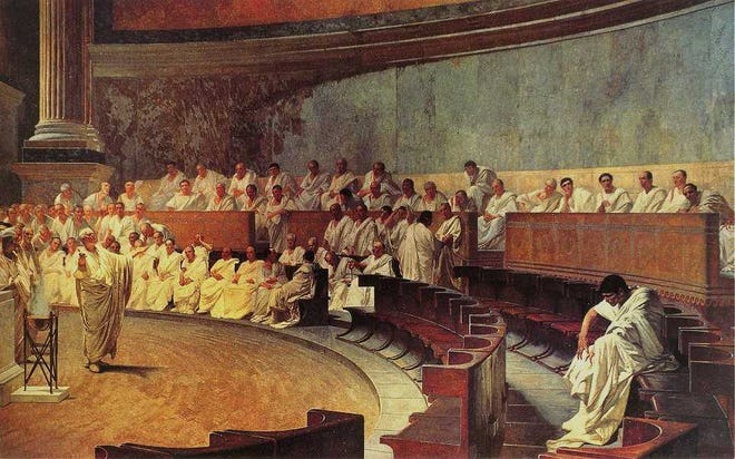 Cicero Denounces Catiline, by Cesare Maccari, 1889. [Alonso de Mendoza/Wikimedia Commons/Public Domain]