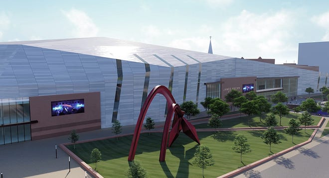 FILE - Artist's rendering of the proposed new James Brown Arena and and Bell Auditorium entertainment complex. Construction on the Bell's expansion will start on April 1. Images courtesy of Perkins & Will
