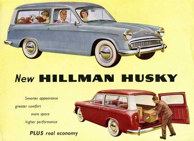 The “Double Duty” Hillman Husky that reader Joanne Charles' father owned was most likely the second generation Husky that went on sale from 1958 to 1965. It was a bit larger in wheelbase and had a sportier new design. Known for good fuel mileage and low cost, Hillman vehicles were gaining in popularity as was its sibling sports car, the Sunbeam Alpine.[Rootes Motorcars]