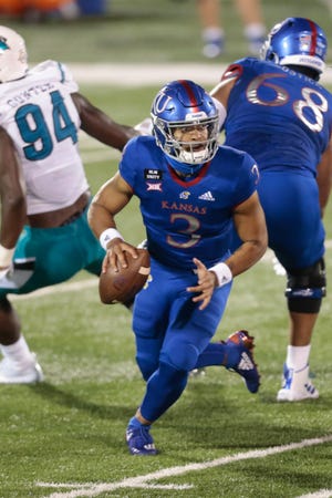 Junior quarterback Miles Kendrick was 15-for-24 passing for 156 yards, two touchdowns and an interception in the Jayhawks' 38-23 defeat to Coastal Carolina on Sept. 12 in Lawrence. [Evert Nelson/The Capital-Journal]