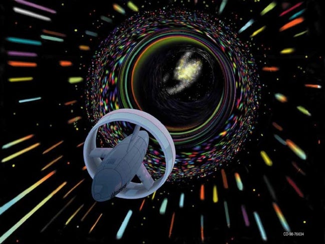 An illustration of a spaceship through a wormhole. [NASA]