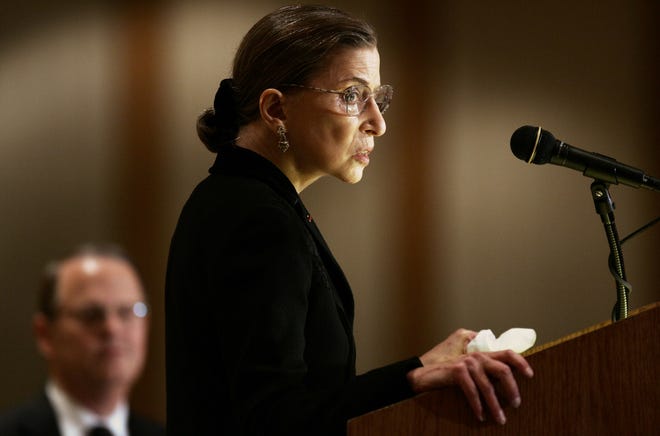 U.S. Supreme Court Justice Ruth B. Ginsburg speaks during the annual meeting of the American Society of International Law, Friday, April 1, 2005 in Washington. Listening at left is ASIL President James H. Carter. [AP Photo/Haraz Ghanbari]



 ORG XMIT: DCHG108