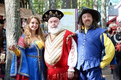 FILE - Thomas Epstein, of Carver, center, is King Richard during the 36th season of King Richard's Faire in Carver, Sunday, Sept. 17. Epstein died Wednesday, Sept. 30 at 62. He is seen here with Melissa Easter, of West Bridgewater, and Josh Rudy of Randolph. 

[MARC VASCONCELLOS/THE ENTERPRISE]
