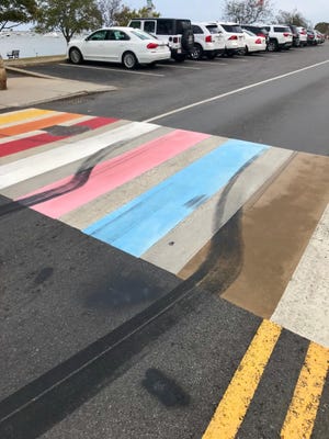 Burnout marks on the Plymouth Pride crosswalk on Water Street were clearly visible Wednesday afternoon.

[EMILY CLARK/WICKED LOCAL]