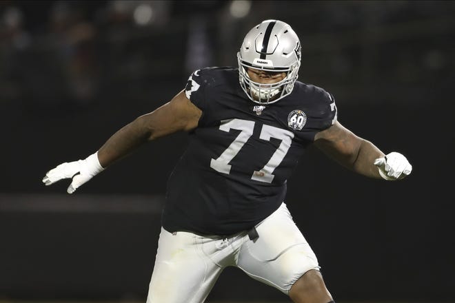 Raiders offensive tackle Trent Brown, shown during a game against the Denver Broncos in Oakland, Calif. on Sept. 9, 2019. The Las Vegas Raiders sent all five starting offensive linemen home as part of coronavirus contact tracing after right tackle Brown was placed on the reserve/COVID-19 list with a positive test. The Raiders held practice on Wednesday without their starting five as they prepare for Sunday's home game against Tampa Bay. [AP Photo/Peter Joneleit, File]
