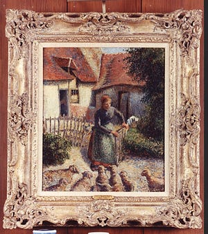 French artist Camille Pissarro's 1886 painting "Berg re Rentrant des Moutons" (Shepherdess Bringing in Sheep) is shown in this undated handout photo. Art collector Clara Weitzenhoffer left the University of Oklahoma this painting among a collection of French Impressionist artwork. Leone Meyer, 81, of Paris, said her family lost the painting to Nazi looting in World War II. She called OU to court to keep the painting in France permanently. [The Oklahoman Archives]