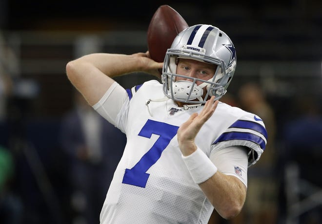FILE - In this Aug. 29, 2019, file photo, Dallas Cowboys' Cooper Rush warms up before a preseason NFL football game against the Tampa Bay Buccaneers in Arlington, Texas. The Cowboys will have their fourth different starting quarterback of the season against undefeated Pittsburgh with Andy Dalton unavailable because of COVID-19 protocols. Coach Mike McCarthy said Wednesday he was benching rookie Ben DiNucci in favor of either Garrett Gilbert or Cooper Rush. Gilbert and Rush will compete for the job in practice, and one will start Sunday at home against the Steelers (7-0). (AP Photo/Ron Jenkins, File)