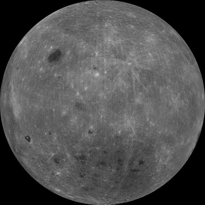 The far side of the moon, or the back of the Man in the Moon's head. This is a collage of about 50,000 images taken in 1998 by NASA's Clementine orbiter. [NASA/public domain/Wikimedia Commons]