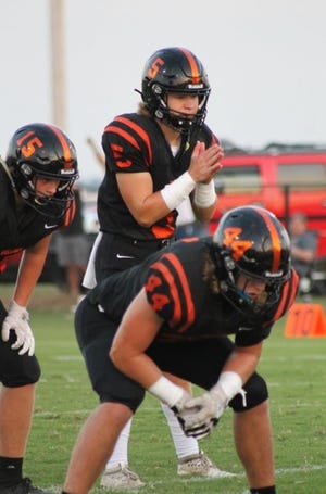 Carson Funk (5) rushed 32 times for 311 yards and four touchdowns while also completing eight of 10 passes for 153 yards and one touchdown in Davenport's 40-20 win last weekend over Broken Arrow Summit Christian. [PHOTO PROVIDED BY KIM HOBILL]