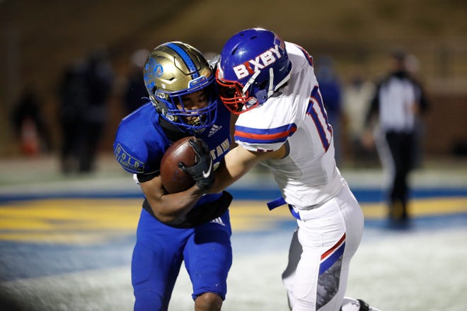 Bixby tackles Choctaw during the OSSAA Class 6A-II football title game at Wantland Stadium in Edmond, Okla. on Saturday, Dec. 5, 2020. Photo by Alonzo J. Adams for The Oklahoman.