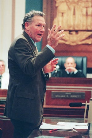 Assistant District Attorney Pat Morgan speaks in 1998 after the Alfred Murrah Federal Building car bomb explosion grand jury's findings were read by district Judge Bill Burkett. [Oklahoman archives]
