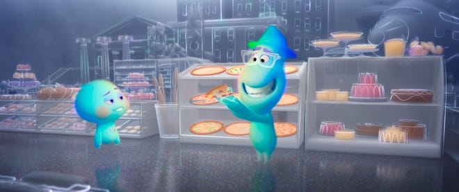 This image shows the character 22, voiced by Tina Fey, left, and Joe Gardner, voiced by Jamie Foxx, in a scene from the animated film "Soul." [Disney Pixar via AP]