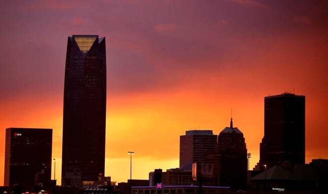 The sun sets behind the Oklahoma City skyline as a storms approach the Oklahoma City metro area, Wednesday, Sept. 2, 2020. Photo by Sarah Phipps, The Oklahoman