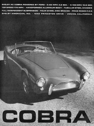 Early ad for the Shelby Cobra in the AC Ace body that was produced by AC Cars Ltd. in Thames Ditton, Surrey, England. [Ford]