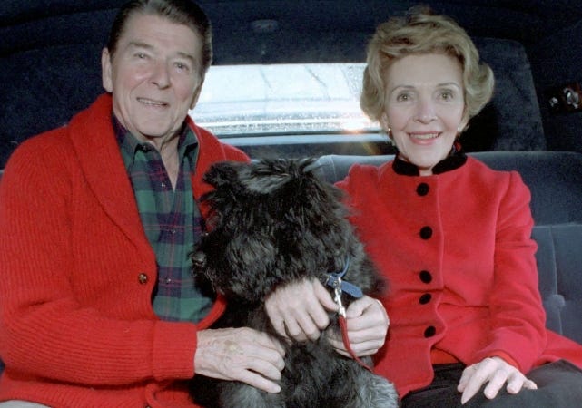 President Ronald Reagan and First Lady Nancy in a limousine with Lucky in 1985. [Ronald Reagan Presidential Library & Museum]