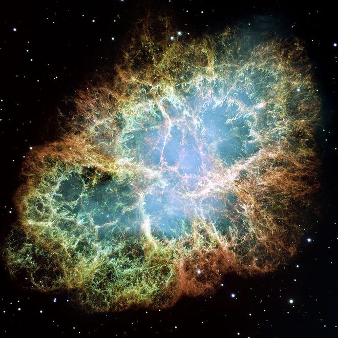 The Crab Nebula, M1, photographed by the Hubble Space Telescope. [NASA, ESA, J. Hester and A. Loll of Arizona State University/Public domain/Wikimedia Commons]