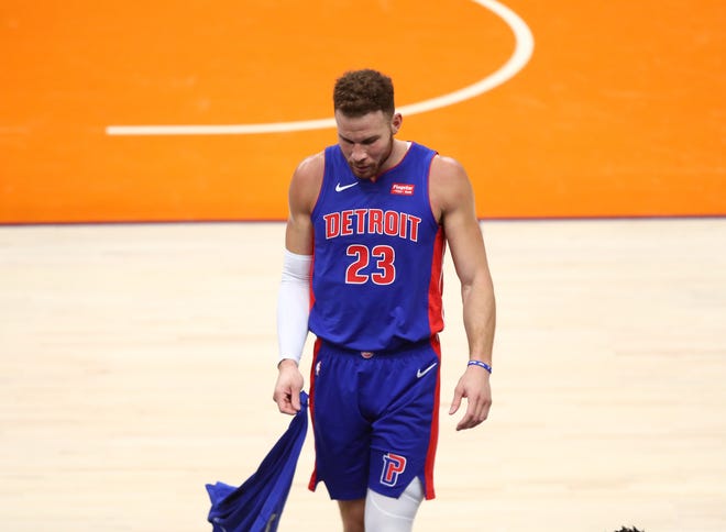 Detroit Pistons forward Blake Griffin walks to the bench during a game at Phoenix on Feb. 5. [Mark J. Rebilas/USA TODAY Sports]