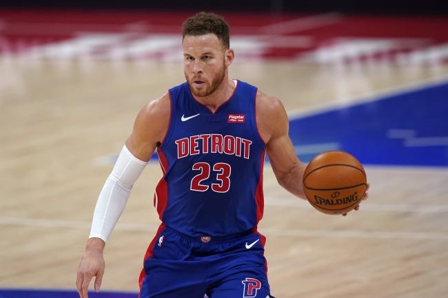 Detroit Pistons forward Blake Griffin brings the ball up court during the first half of an NBA basketball game against the Houston Rockets, Friday, Jan. 22, 2021, in Detroit. (AP Photo/Carlos Osorio)