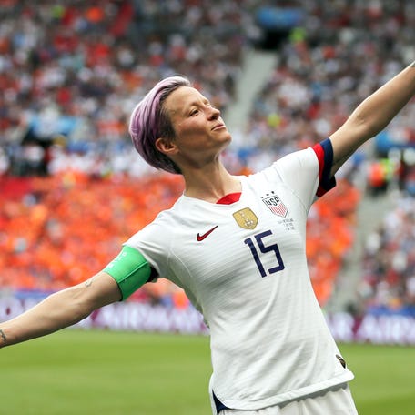 FILE - In this July 7, 2019 file photo, United States' Megan Rapinoe celebrates after scoring the opening goal from the penalty spot during the Women's World Cup final soccer match against The Netherlands at the Stade de Lyon in Decines, outside Lyon, France. Days before heading to her fourth World Cup, Rapinoe announced she'll retire at the end of the National Women's Soccer League season. Rapinoe, 38, made the announcement on Twitter Saturday, July   8, 2023. (AP Photo/Francisco Seco, File) ORG XMIT: NYDD201