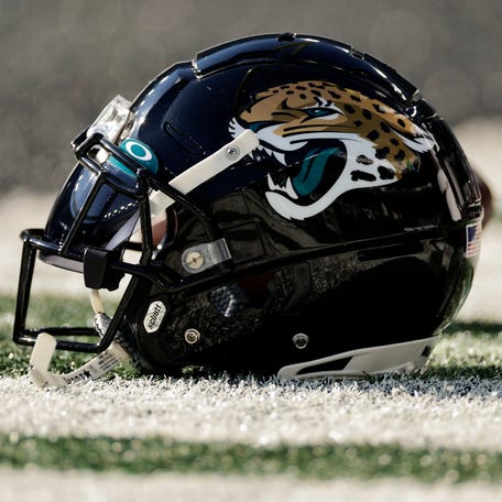 A Jacksonville Jaguars helmet is seen before an NFL football game against the New York Jets in 2021