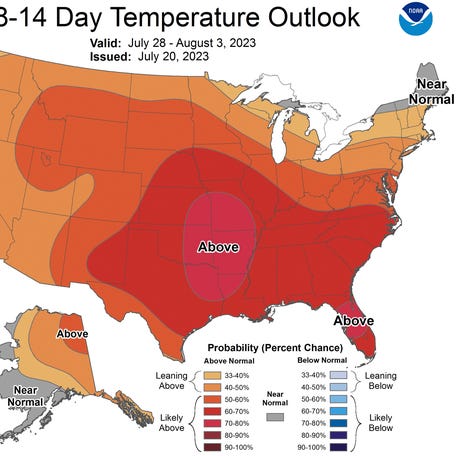 The USA's temperature forecast for late July and early August is a sea of reds and oranges across the country, which indicate the likelihood of hotter-than-average temperatures.