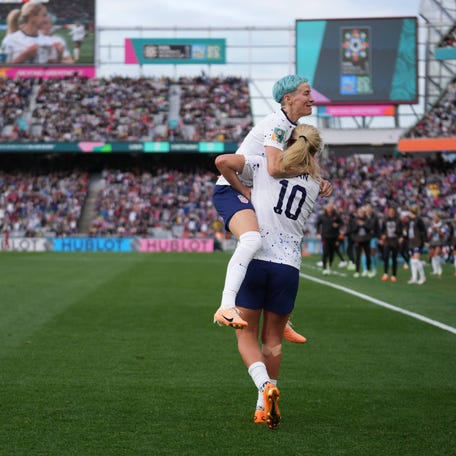 July 22: USWNT midfielder Lindsey Horan (10) celebrates with forward Megan Rapinoe (15) after scoring a goal in the second half of their 2023 World Cup opener against Vietnam at Eden Park in Auckland, New Zealand.