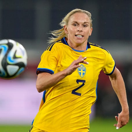 Sweden's Jonna Andersson runs for the ball during the women's international soccer friendly match between Germany and Sweden in Duisburg, Germany, Feb. 21, 2023.