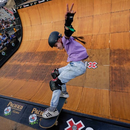 Reese Nelson competes in the Pacifico Women's Skateboard Vert during X Games California.