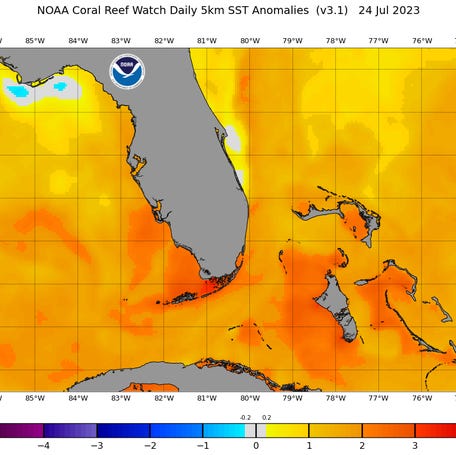 Sea surface temperatures off the southern tip of Florida and the Florida Keys are running more than two degrees above normal.