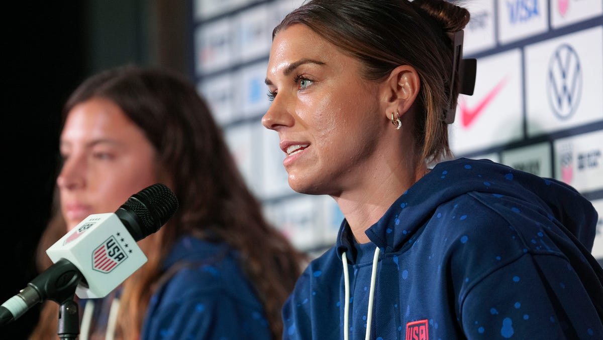 Jul 25, 2023; Auckland, NZL; United States players Alex Morgan (13), right, and Sofia Huerta (3) answer questions from journalists during a press conference amid the 2023 FIFA Women's World Cup. Mandatory Credit: Jenna Watson-USA TODAY Sports ORG XMIT: IMAGN-716080 ORIG FILE ID: 20230724_lbm_usa_240.JPG