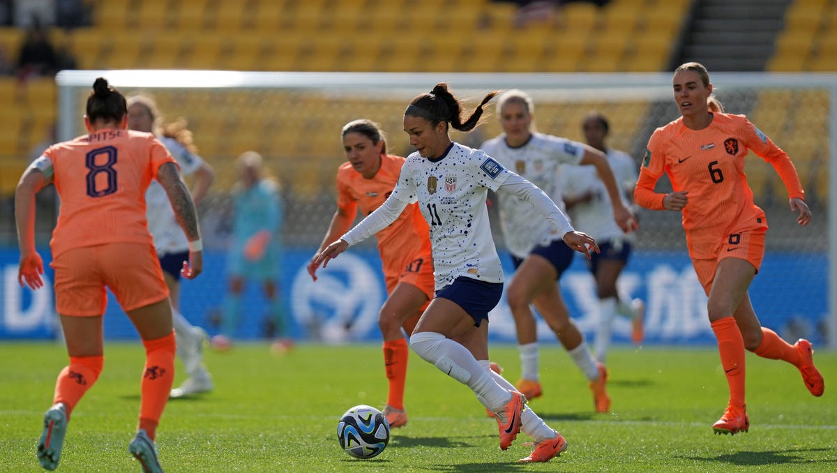 Sophia Smith dribbles the ball during the first half of the group stage match vs. the Netherlands.