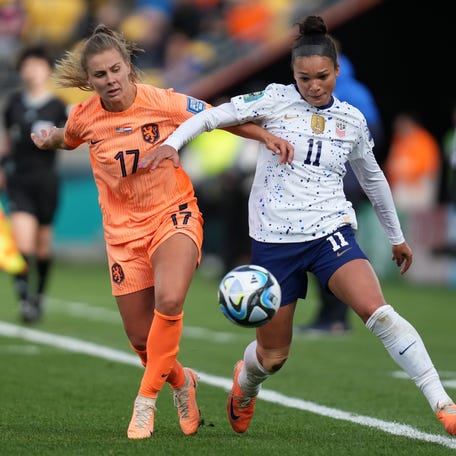 Sophia Smith (11) kicks the ball past the Netherlands' Victoria Pelova during the USWNT's 1-1 draw at Wellington Regional Stadium.