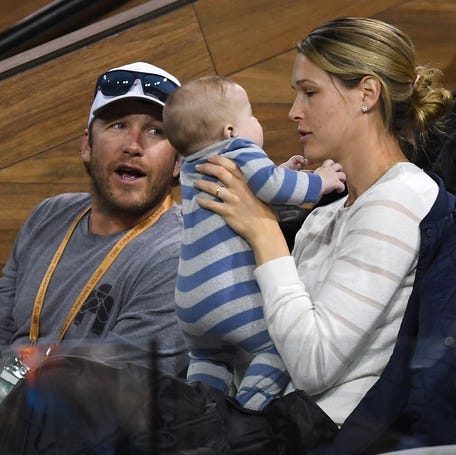 Bode and Morgan Miller play with their son Easton, then just five months old, at the 2019 BNP Paribas Open in Indian Wells, California.