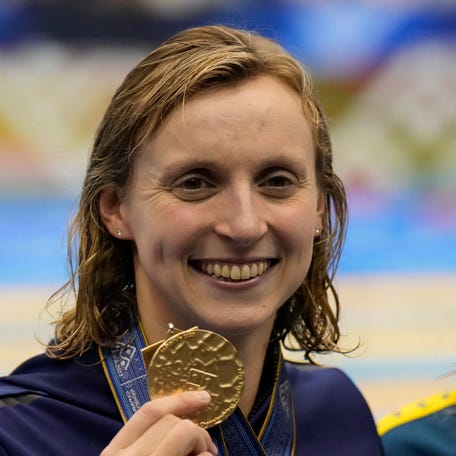 Katie Ledecky celebrates during the medal ceremony for the women's 800m freestyle in Fukuoka, Japan on Saturday.