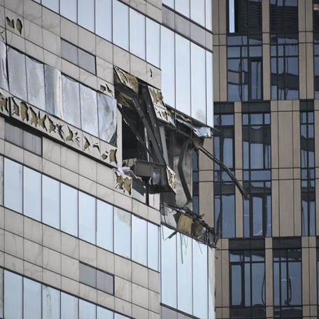 A view of a damaged office block of the Moscow International Business Center (Moskva City) following a reported drone attack in Moscow on July 30, 2023. (Photo by ALEXANDER NEMENOV/AFP via Getty Images)