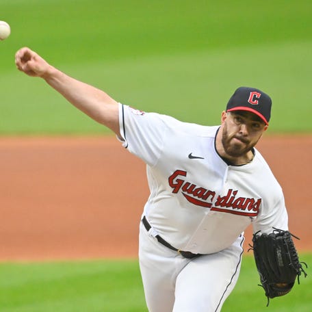 Guardians starting pitcher Aaron Civale delivers a pitch during the first inning against the Red Sox at Progressive Field in Cleveland on June 8, 2023.