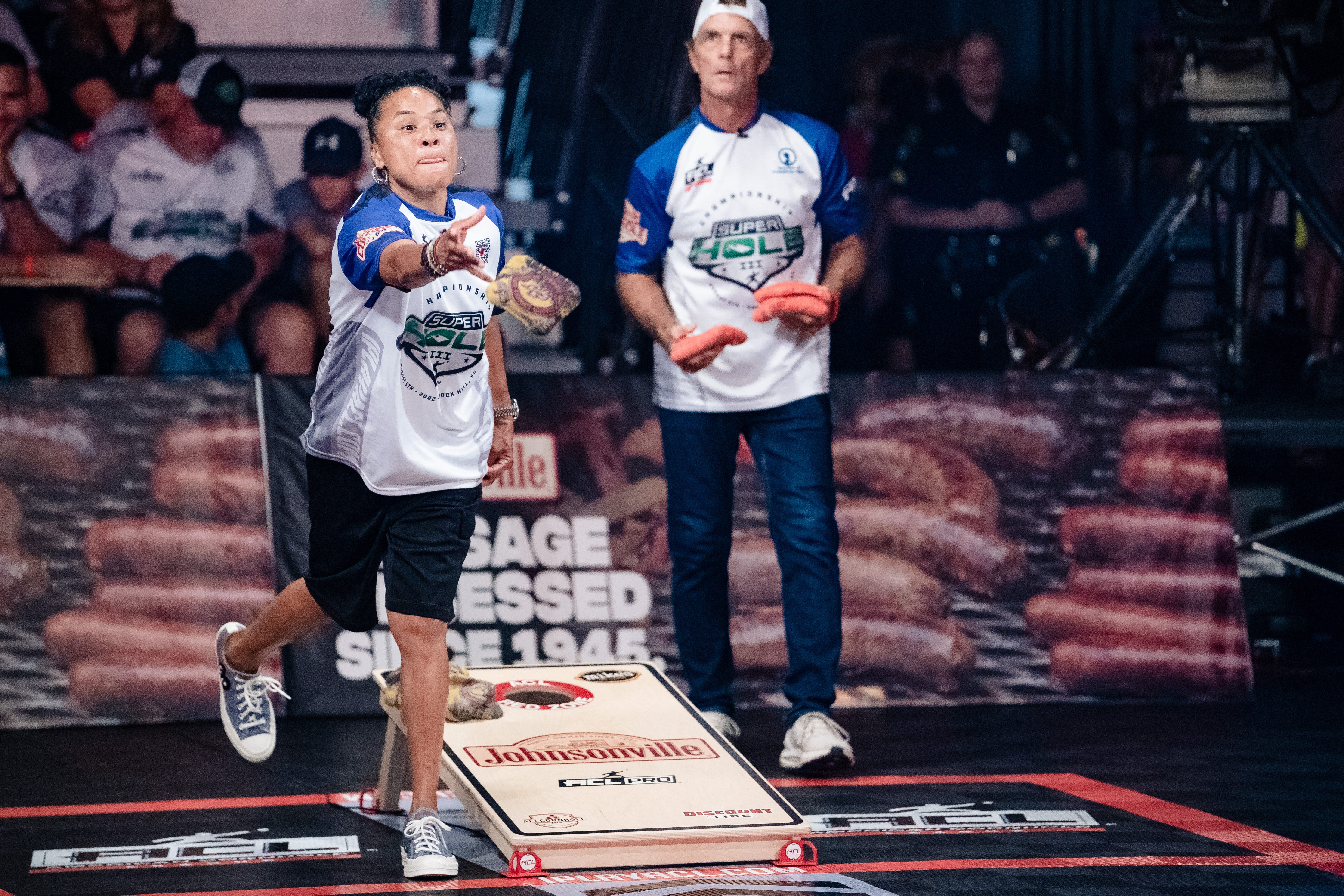 Rock Hill, SC - August 5, 2022 - Rock Hill Sports & Event Center: Doug Flutie and Dawn Staley competing in ACL SuperHole III Finals during the 2022 ESPN: The Ocho.