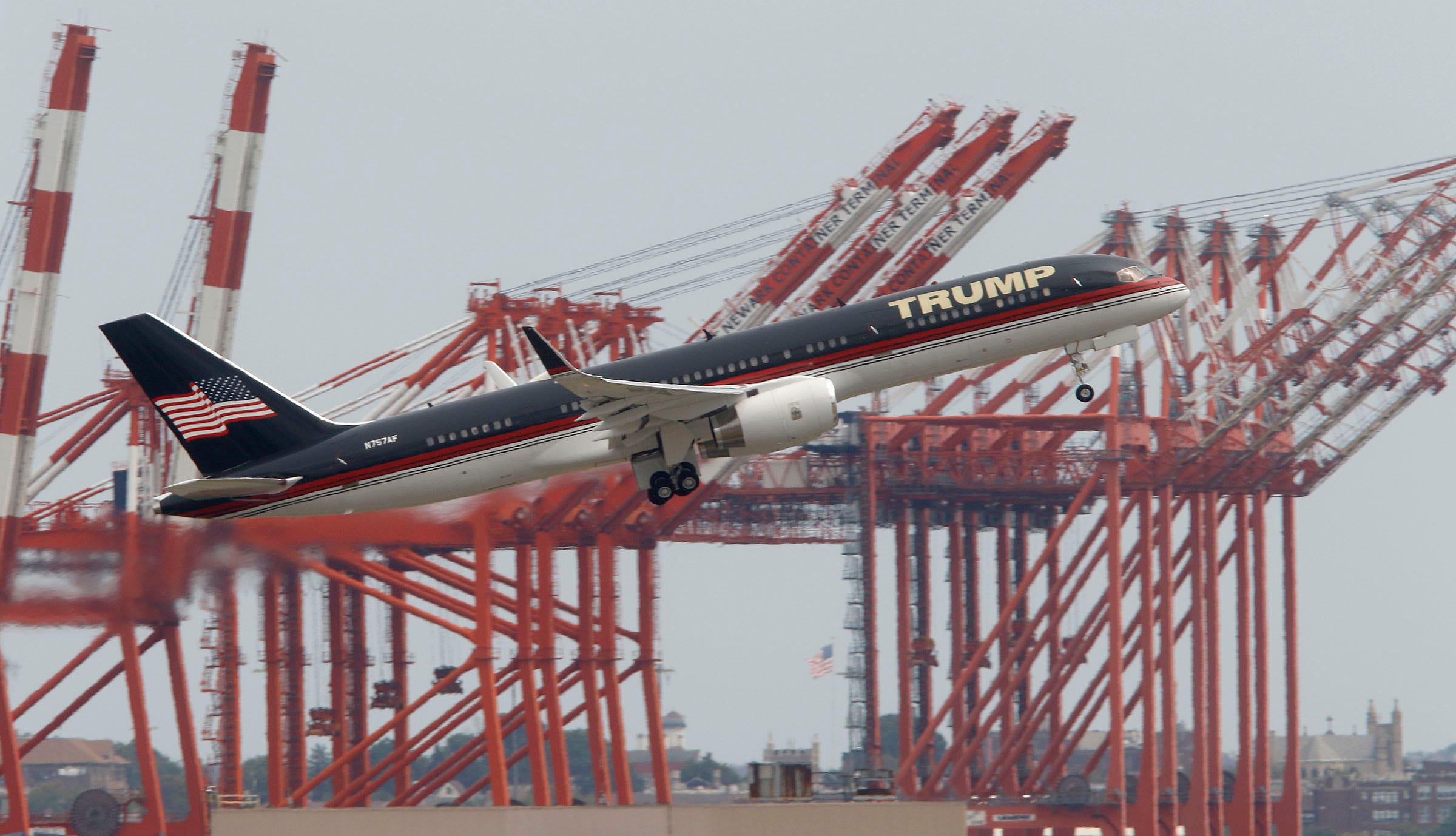 Former President Donald Trump's Boeing 757 aircraft departs Newark (NJ) Liberty Airport Thursday, August 3, 2023. He is heading to Washington, DC, to appear in Federal Court.