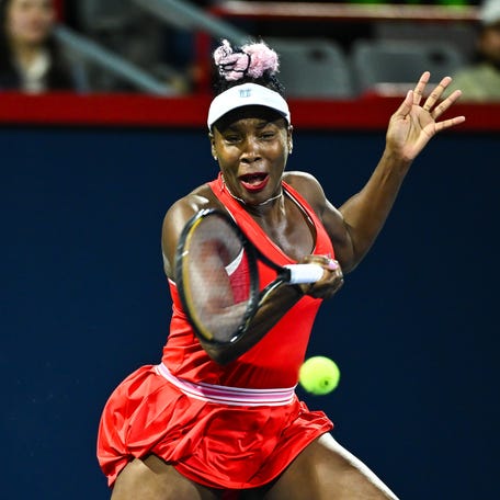 August 7, 2023: Venus Williams of the United States hits a return against Madison Keys of the United States on Day 1 during the National Bank Open at Stade IGA, in Montreal, Canada.
