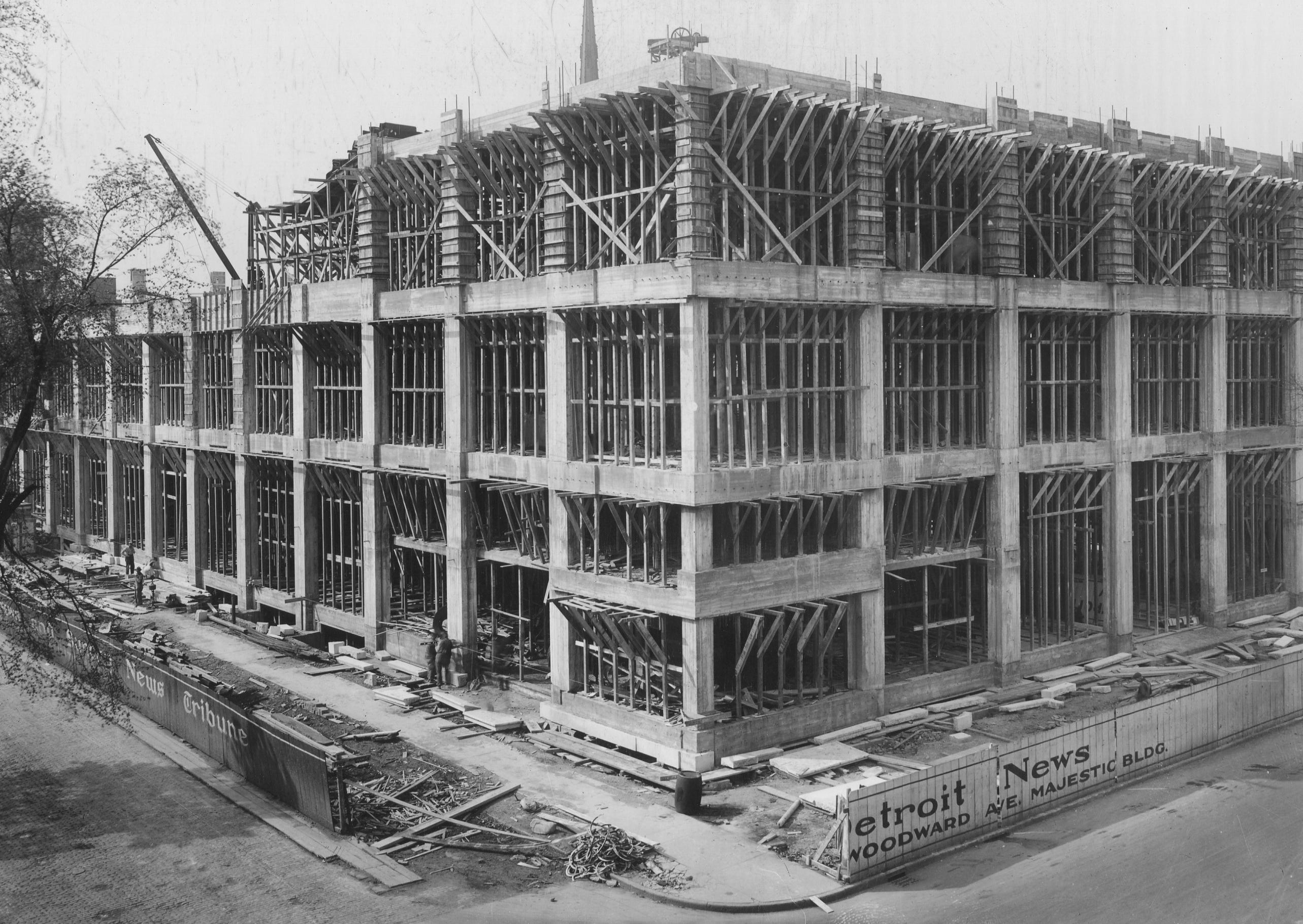 The Detroit News building is shown under construction at 615 W. Lafayette Boulevard.