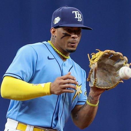 Tampa Bay Rays shortstop Wander Franco (5) fields the ball during a game against the Texas Rangers on June 11, 2023.
