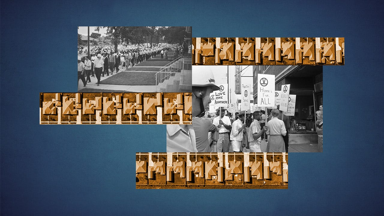 Illustration of housing protests in Chicago in 1966 and houses today