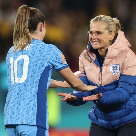 SYDNEY, AUSTRALIA - AUGUST 16: Sarina Wiegman, Head Coach of England, celebrates victory with Ella Toone of England after defeating Australia during the FIFA Women's World Cup Australia & New Zealand 2023 Semi Final match between Australia and England at Stadium Australia on August 16, 2023 in Sydney, Australia. (Photo by Catherine Ivill/Getty Images) ORG XMIT: 775980494 ORIG FILE ID: 1618592148