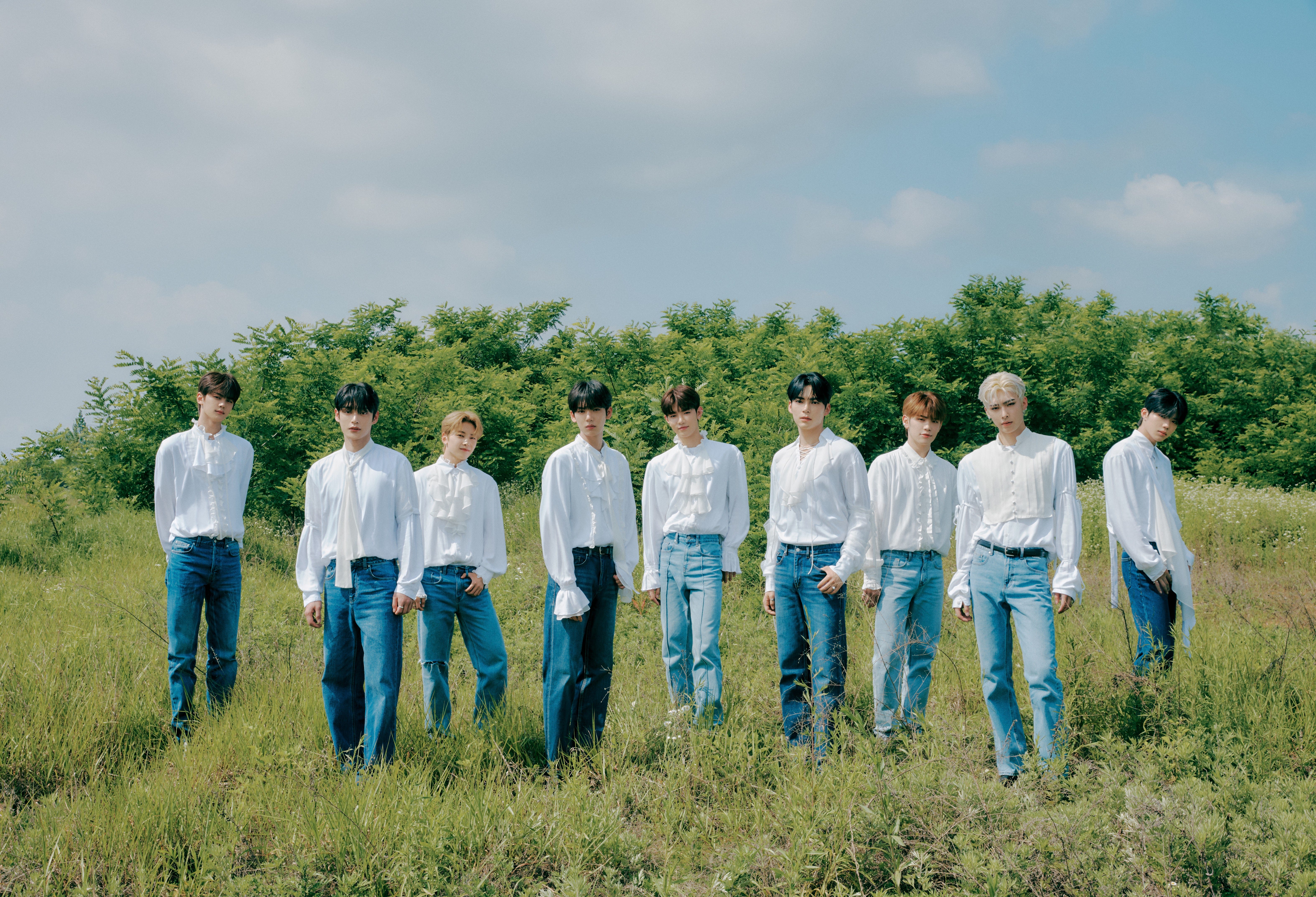 (L-R) Kim Gyuvin, Kim Jiwoong, Seok Matthew, Han Yujin, Zhang Hao, Sung Hanbin, Kim Taerae, Ricky and Park Gunwook of ZEROBASEONE.