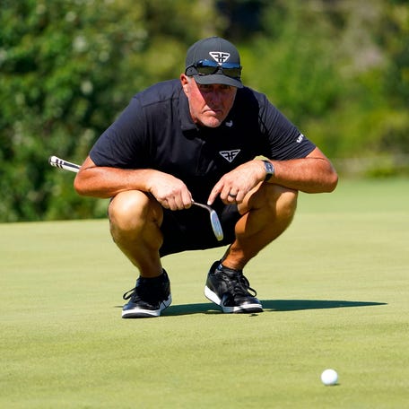 Phil Mickelson on the ninth green during the final round of the LIV Golf Bedminster golf tournament.