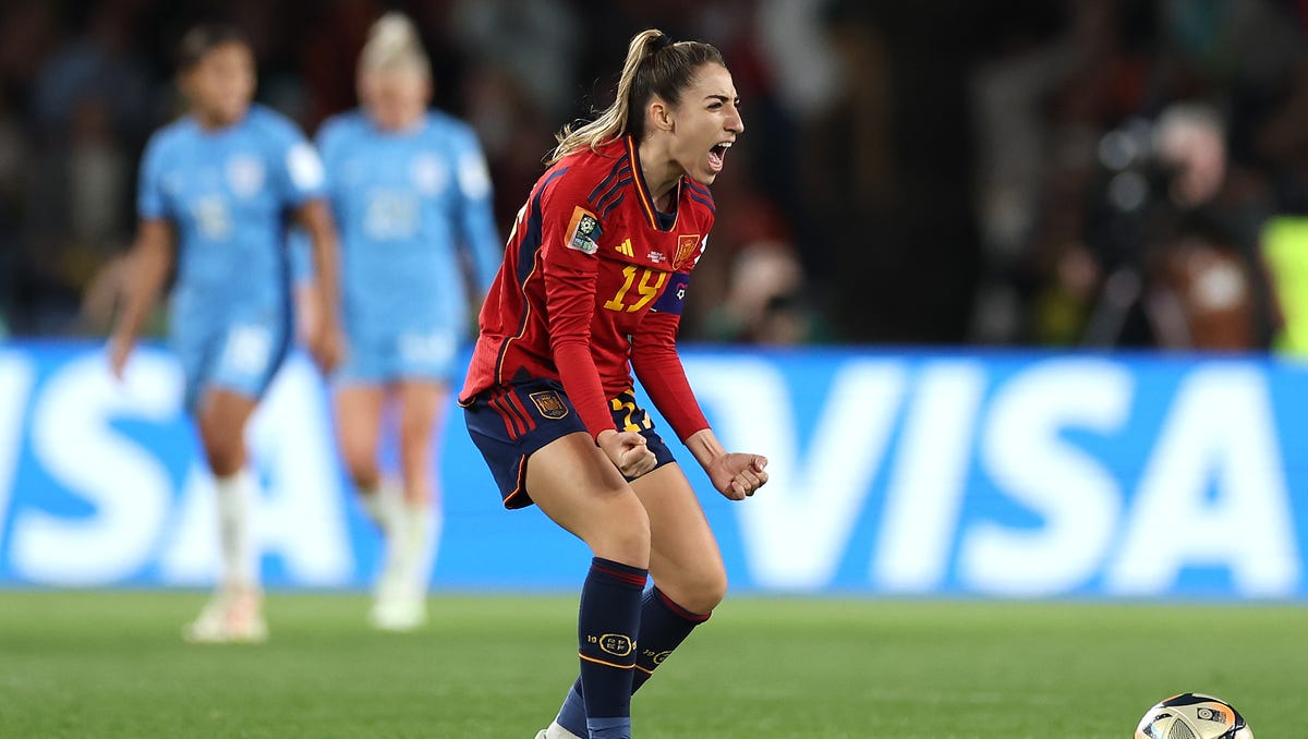 Olga Carmona reacts after scoring Spain's first goal during the World Cup final against England at Stadium Australia in Sydney, Australia on on Aug. 20, 2023.