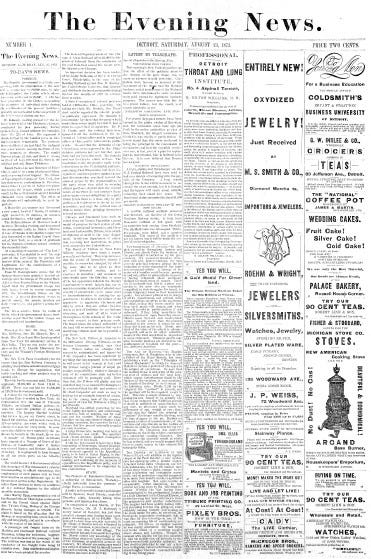 Front page of The Evening News on Aug. 23, 1873. It was the first edition of The News.