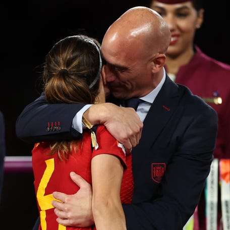 Luis Rubiales, President of the Royal Spanish Football Federation greets Golden Ball winner Aitana Bonmati after Sunday's final match between Spain and England in Sydney, Australia.