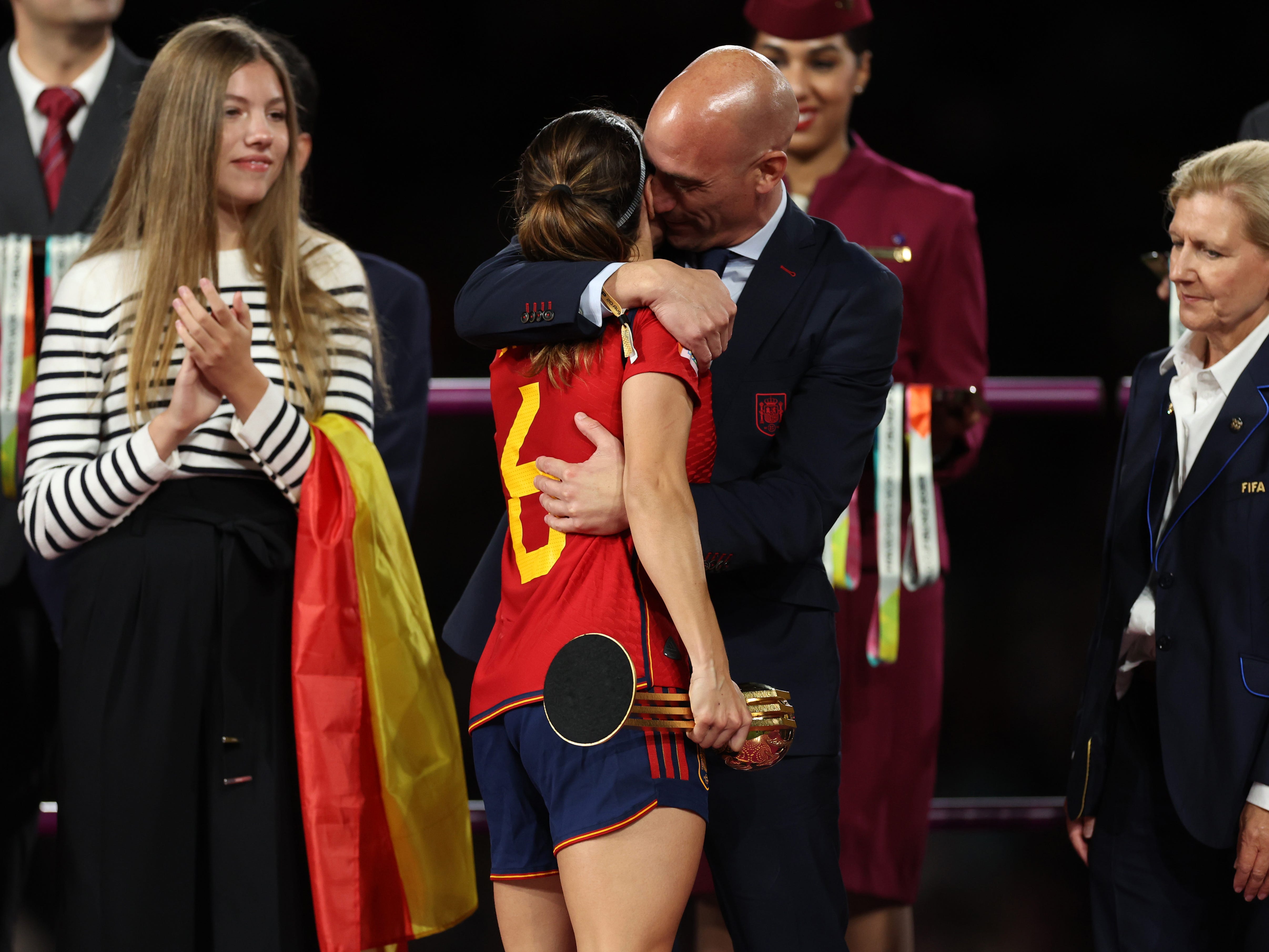 Luis Rubiales, President of the Royal Spanish Football Federation greets Golden Ball winner Aitana Bonmati after Sunday's final match between Spain and England in Sydney, Australia.