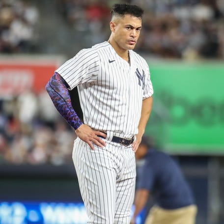 Yankees right fielder Giancarlo Stanton reacts after an inning-ending double play in the sixth inning against the Red Sox at Yankee Stadium in New York on Aug. 18, 2023.